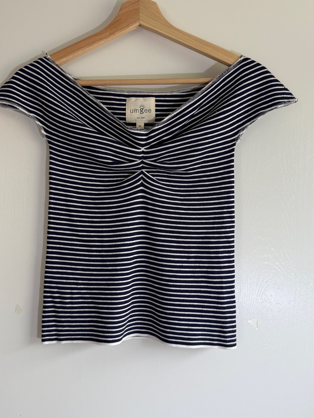 Umgee Navy & White Striped Off-the-Shoulder Crop Top